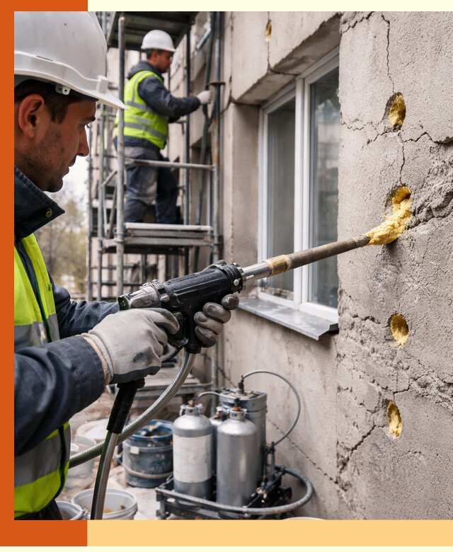 Заполнение пустот в фасаде и утепление стен в Вольске